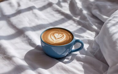 Pastel blue coffee cup with heart latte art on white bed sheets, morning sunlight window shadow aesthetic, cozy breakfast in bed, relaxing lifestyle, warm beverage mug, fresh wake up concept.