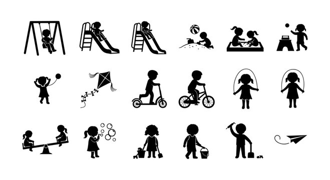 Children playing silhouettes: playground fun, biking, and creative activities