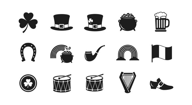 St. patrick's day icon set: shamrock, leprechaun hat, rainbow, harp, and more