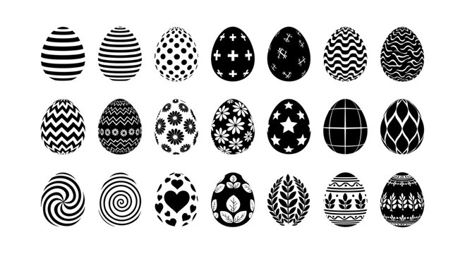 Black and white decorative easter egg patterns in silhouette style