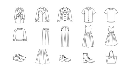 Minimalist linear fashion outlines featuring clothing and accessories