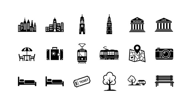 Essential travel icons set for urban and leisure adventures