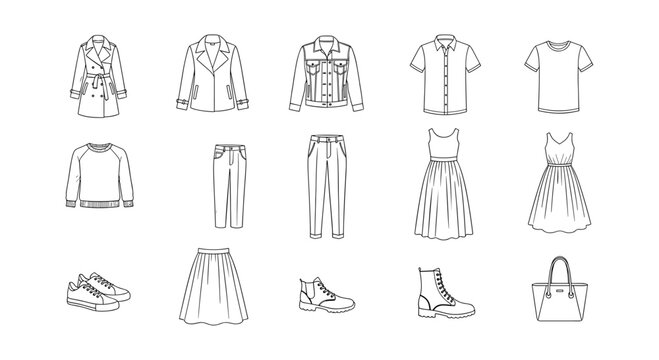 Minimalist linear fashion outlines featuring clothing and accessories