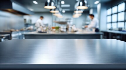 Obraz premium Stainless Steel Countertop in Modern Kitchen with Chefs at Work