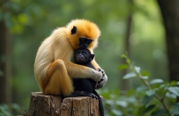 Fototapeta premium Yellow-cheeked gibbon mother holds tiny black baby close. Sit on wood tree stump in vibrant green tropical forest. Primate family shows deep love, natural affection. Wild animal portrait captures