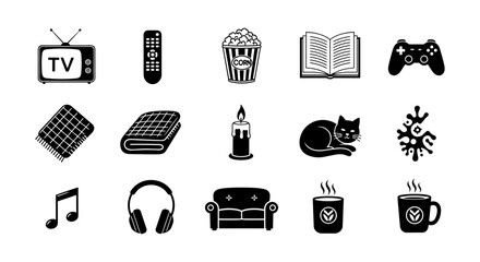 Cozy home entertainment icons: tv, snacks, books, and relaxation in minimal black style