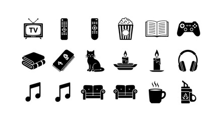 Cozy home entertainment icons: relaxation and leisure essentials for modern living