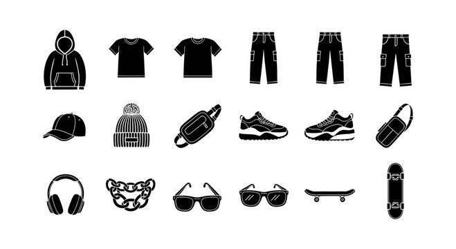 Trendy silhouette icons of casual clothing and accessories for urban lifestyle