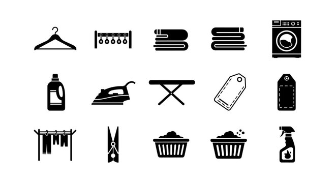 Laundry essentials icons: simplistic black and white household symbols for modern design