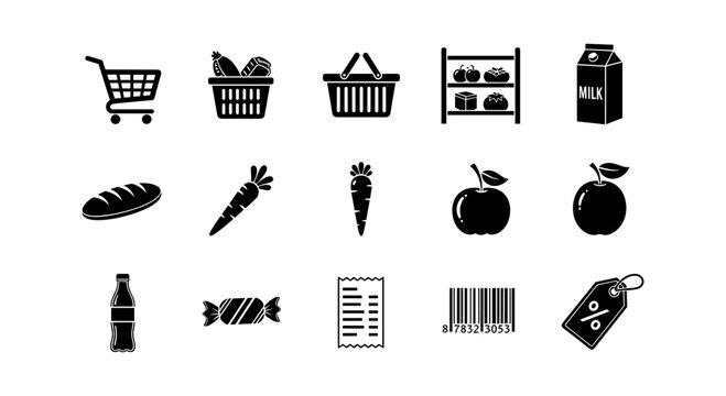 Grocery shopping icons set: cart, basket, food items, and discount tags in black and white