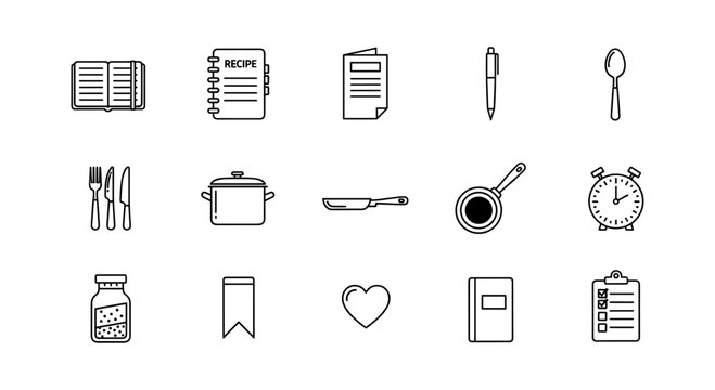 Minimalist kitchen and cooking icons set for recipes and meal planning