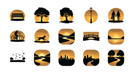 Silhouette scenes of nature and cityscapes at sunset with various outdoor activities