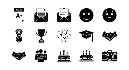 Achievement icons set with trophy, graduation cap, and celebration symbols
