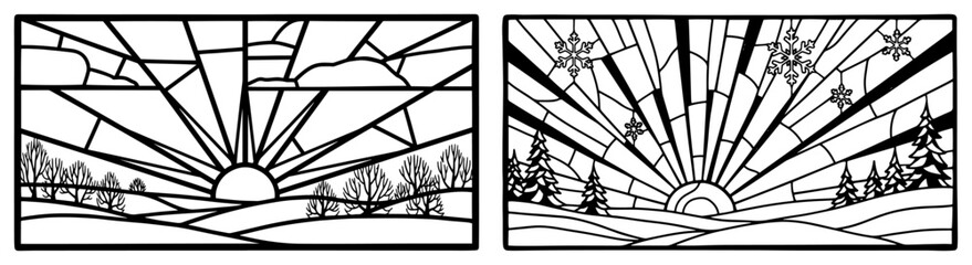 Stained glass winter landscape vector panels showing sun rays and snowy forest hills in black outline style