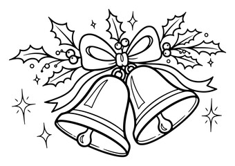 Christmas jingle bells with ribbon bow and holly berry leaves hand drawn vector illustration © Mago