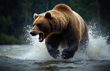 Obraz premium Furious grizzly bear charges through water, mouth open showing teeth, claws extended. Powerful mammal splashes violently, predatory instinct apparent in aggressive stance.