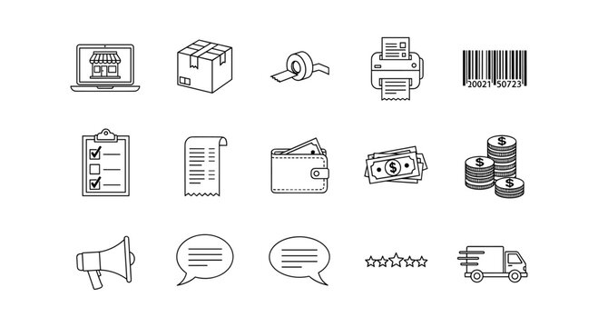 Essential e-commerce icons: delivery, payment, and communication in linear design