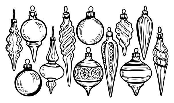 Set of vintage Christmas tree ornaments and baubles collection hand drawn line art vector illustration