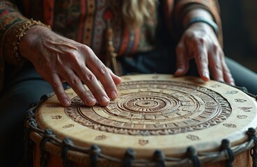 Musician plays ceremonial drum by hand. Ancient percussion instrument shows intricate carved patterns. Person performs spiritual ritual music, creating cultural rhythm and sound. Ethnic ceremony.