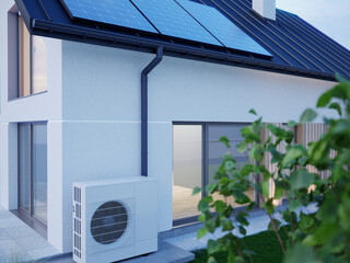 Heat pump next to the house and solar panels on the roof. The concept of an energy-efficient home. 3D illustration