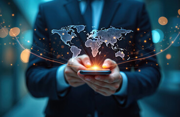Man holds phone with global map hologram. Person uses smartphone for worldwide web connection. Business analytics on mobile. International online communication. Fintech, banking tech solutions