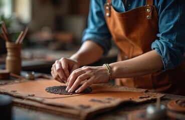 Artisan crafting leather. Woman works with natural material in workshop. Female hands create handmade goods, tooling leather surface with precision. Skilled occupation indoors.