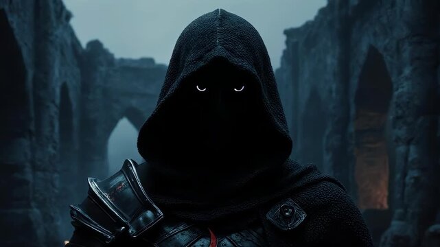 Dark Enigmatic Figure: Hooded Warrior with Glowing Eyes in Ancient Ruins