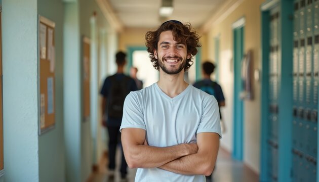 Young jewish male student stands smiling in university hallway. He wears a kippah, casual shirt, arms crossed. Other students walk past lockers and bulletin boards.