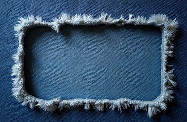 Torn blue jeans fabric forms a frame with frayed white fringe border. Ripped denim material on a textured background. Old clothing patchwork concept for fashion or reuse.