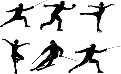 Silhouettes of various sports activities on white background
