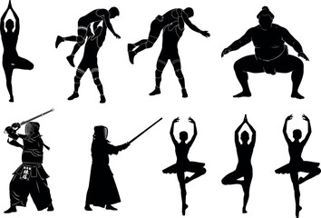 Diverse martial arts and physical activities silhouette collection