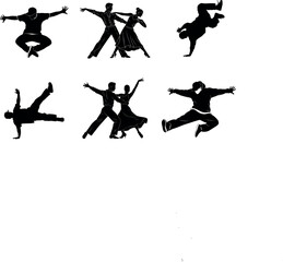 Silhouette collection of diverse dance styles and poses on white background