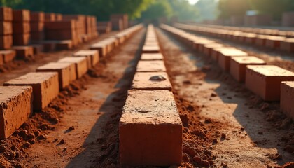 Obraz premium Rows of red clay bricks set outdoors. Many bricks are drying in sunlight. Bricks create straight lines. These bricks will be used for construction. Bricks stand near ground. Tree shadow on blocks.