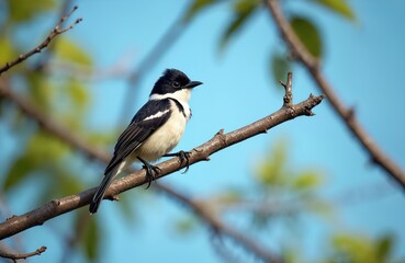 Pied Flycatcher bird perched on bare tree branch. Tiny wild avian animal distinctive black white feathers. Looks around, observing peaceful nature scene with clear blue sky, vivid green foliage.
