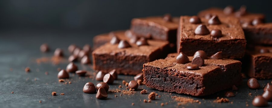 Rich dark chocolate brownies with melty chocolate chips are scattered and stacked on a slate surface. A few fallen chips and cocoa powder accent the foreground creating a decadent dessert scene. - Powered by Adobe