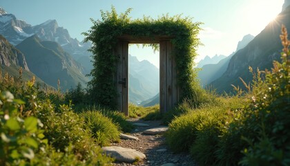 Open wooden door framed with green plants stunning mountain scenery. Pathway leads toward doorway inviting exploration. Represents journey passage, new opportunities. Artwork adventure, gateway.