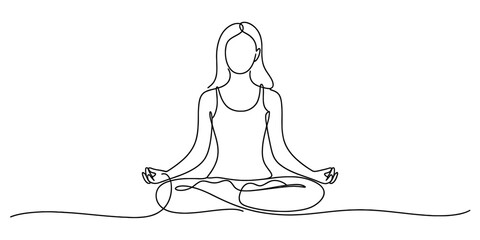 Continuous line drawing of a woman in a meditative lotus pose, representing mindfulness, relaxation, wellness, and inner peace on a clean background. Vector, illustration