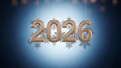 Golden 2026 balloon numbers with snowflake decoration