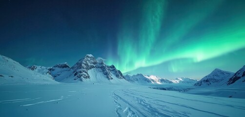 Vibrant aurora borealis lights up vast snowy mountain landscape at night. Green blue polar sky shows natural phenomenon over cold winter terrain. Stars shine bright. Tracks visible on snow field,