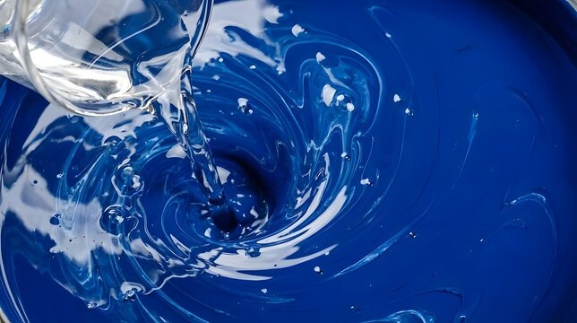 Clear liquid pouring into deep blue paint creating swirl