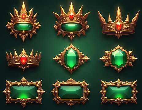 Golden ornate frames with green gems feature royal crowns and crests. Medieval game interface elements are stylized for fantasy RPGs and adventure quests.