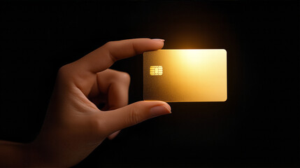 A hand holds a glowing gold credit card under soft, elegant lighting.