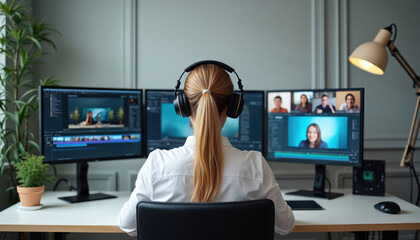 Woman works on video editing with multiple monitors. She wears headphones, communicates in video conference. Professional workflow, digital content creation at modern home office desk.