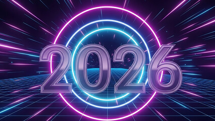 Futuristic 3d render of the year 2026 with neon lights