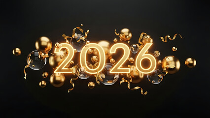Golden 2026 number surrounded by shiny baubles and confetti