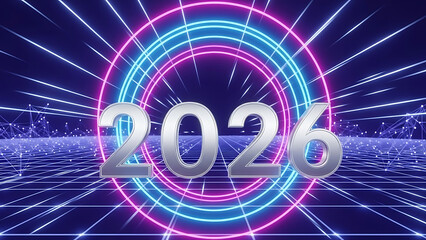 Digital futuristic background with neon rings and 2026 year