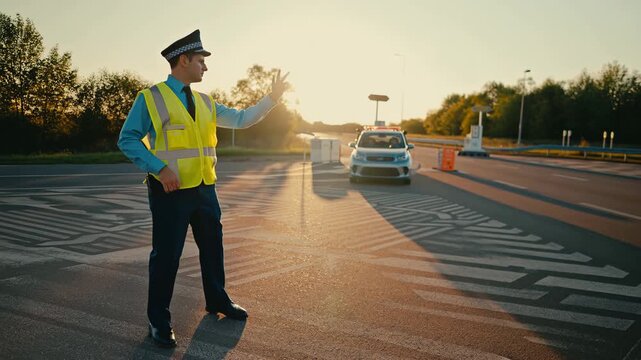 Sunrise traffic control with signals, Traffic supervision at dawn utilizing clear signals, Early morning traffic management utilizing clear signals to maintain smooth flow at dawn hours