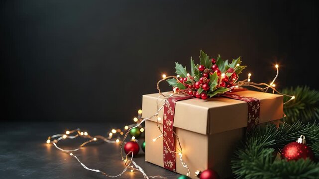 Holiday gift box scene with holly, berries, garland, string lights and ornament decorations for Christmas season.