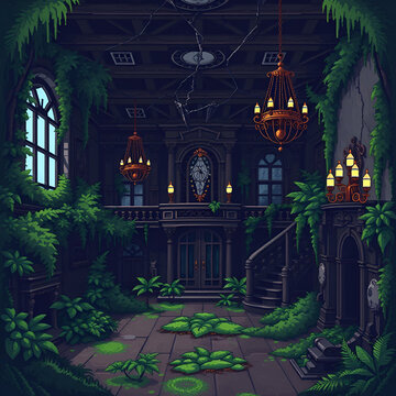 Rotting Noble Estate - An abandoned mansion with overgrowth, cracked chandeliers, and creaking floors, pixel art, gaming assets, 32-bit