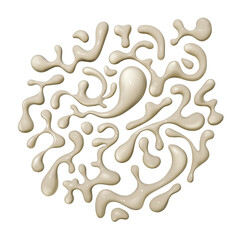 Abstract set of glossy beige liquid blobs and drops isolated on white. Creamy cosmetic foundation splashes. 3D fluid shapes pattern